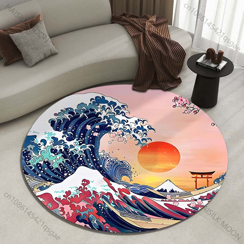 Japanese Home Textiles - Retro japon Kanagawa dalgalar baskı yuvarlak