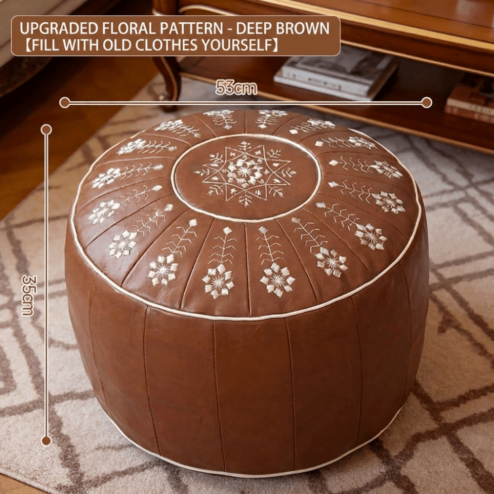 Floor Cushion Pouf - Boho Desenli Osmanlı Puf PU Deri