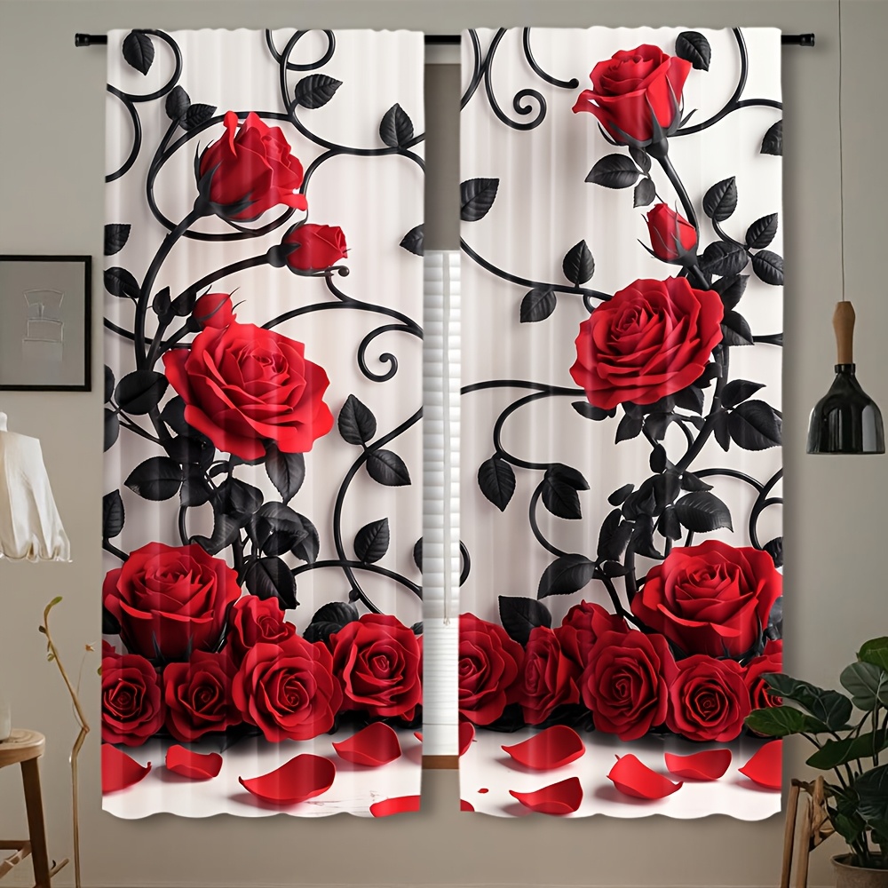 Home Textiles Luxury Curtains - Lüks Kırmızı Gül Çiçek Desenli Perdeler